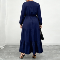 Robe pour femme grande taille, bleu marine uni, tissée, à simple boutonnage, avec cordon de serrage, jupe évasée, style élégant, personnalisable
