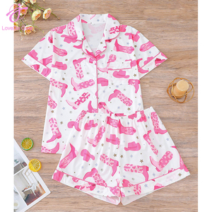 Loveda Wholesale Women Summer Cowboy Boots Print Casual <strong>Home</strong> Wear Short Sleeve Shirt Shorts <strong>Sweet</strong> Pajamas Set - Product Image 4