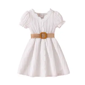 Gaun musim panas anak perempuan, gaun putih lengan pendek dengan sabuk 2024