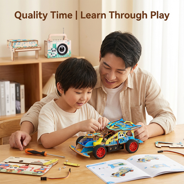 Custom 5 in 1 Wooden RC Car Electronic Piano Voice Tape Radio Wireless Intercom Physics Learning STEM Classroom Kits