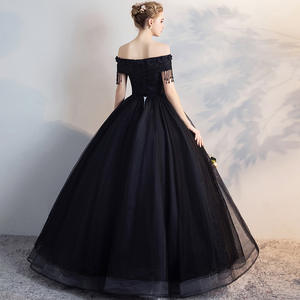 Nuovo arrivo off spalla <span class=keywords><strong>nero</strong></span> elegante <span class=keywords><strong>pizzo</strong></span> appliqued abito da sera formale quinceanera - Product Image 4