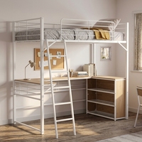 Lit mezzanine avec bureau et armoire, cadre de lit double en métal blanc avec poste de travail pour petite chambre et dortoir, aucun sommier tapissier nécessaire