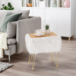 JS Customized Faux Fur Ottoman Footstool <strong>Small</strong> Bedroom <strong>Pouffe</strong> with Gold Metal Legs Accent Stools &amp; Ottomans - Product Image 2