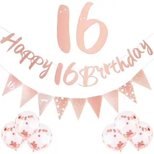 Rose Gold Happy 18th Birthday Banner Triangle printed Flag&Confetti Latex Balloons for 18th Birthday Party Decoration Supplies