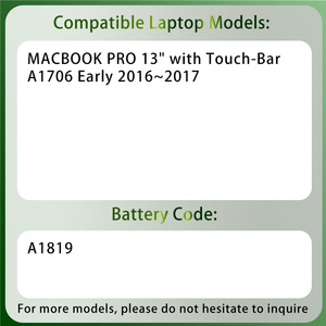 <span class=keywords><strong>Batterie</strong></span> d'ordinateur portable pleine capacité A1819 pour <span class=keywords><strong>MacBook</strong></span> <span class=keywords><strong>Pro</strong></span> 13 pouces avec Touch Bar, modèle A1706 fin 2016 - mi-<span class=keywords><strong>2017</strong></span> - Product Image 2