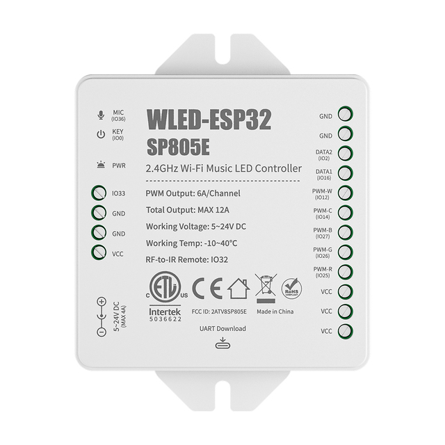 ETL Listed ESP32 WLED SP805E With Mic DIY Dynamic Modes UART Dowload USB Type-C PWM and SPI ED Strip Controller
