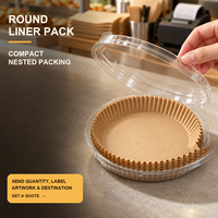 Papiers de cuisson ronds pour friteuse à air avec emballage personnalisé, 60 pièces, plateaux en papier jetables dans des boîtes transparentes pour la vente au détail