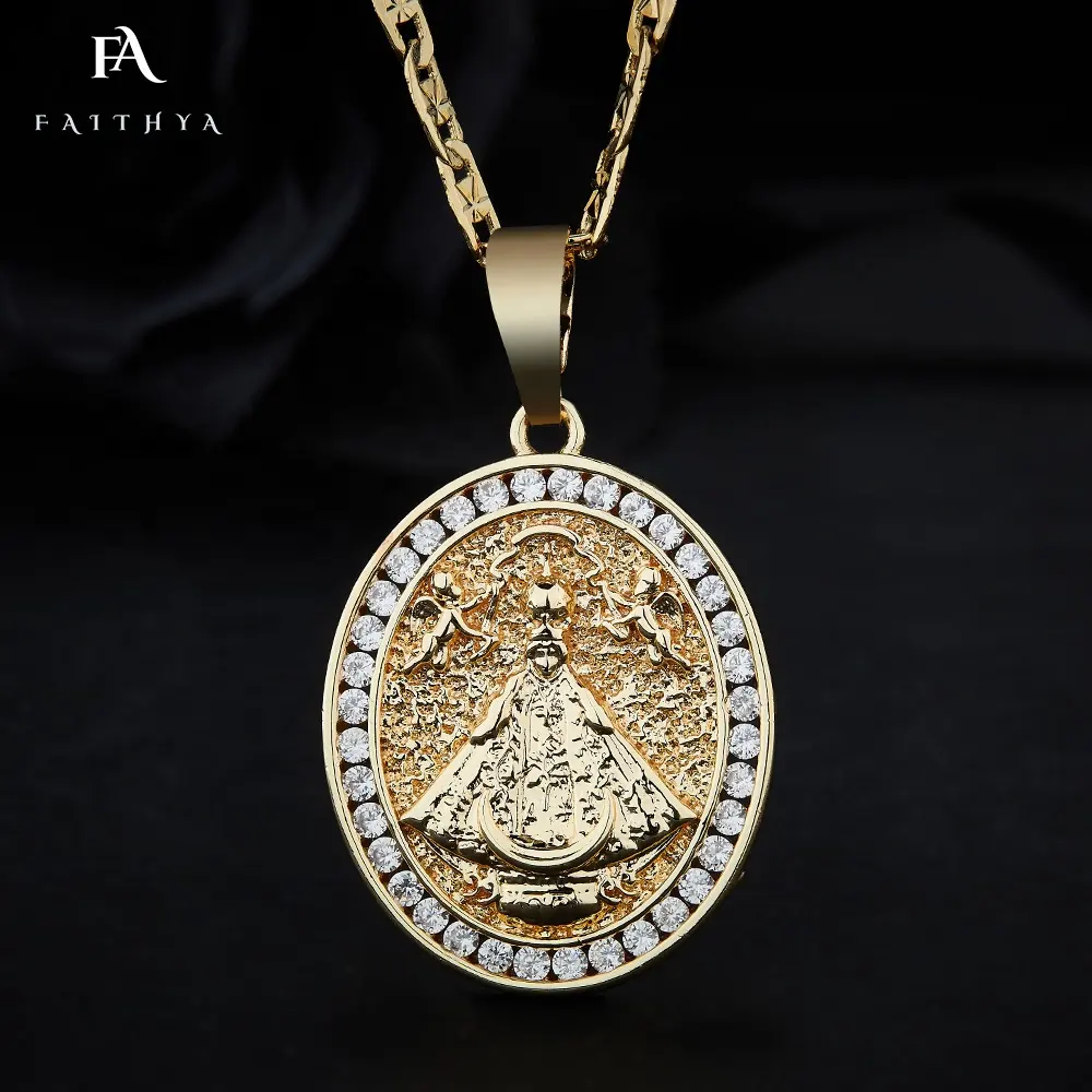 FP1042 Valyya Ukiran Tangan Cantik Berlian Imitasi 5A Lapis Emas 18K Liontin Medali Malaikat Kecil Santo Religius