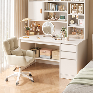 Bàn trang điểm gỗ đơn giản phòng ngủ cô gái kem phong cách Ins dung lượng lớn lưu trữ Bàn trang điểm sinh viên kệ sách tích hợp bàn - Product Image 2