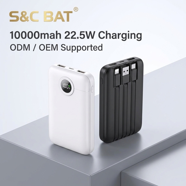 Fast Charging 10000mAh Li-Polymer Power Bank 22.5W Built-in 3 Cables Type-C/USB-A/Slim for iPhone for Portable Outdoor Use