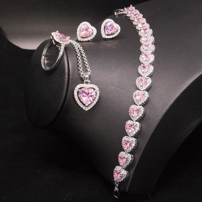 Pink CZ Heart Shape Necklace Bracelet Dangle Earrings Jewelry Sets for Women Girls Bridal Wedding Engagement