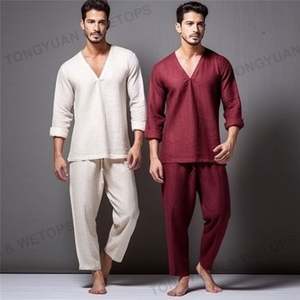 Camicia da <span class=keywords><strong>uomo</strong></span> con scollo a V e pantaloni da Yoga Casual pigiami da <span class=keywords><strong>uomo</strong></span> in lino di cotone - Product Image 1