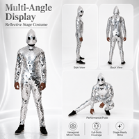 Costume de scène et de danse pour homme, intégral, avec miroirs hexagonaux et casque en forme de goutte d'eau argenté, pour cosplay Alien Sci-Fi, tenue unique