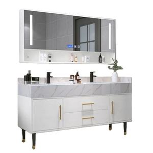 Mueble de Baño Doble con Lavabo, Color Gris Oscuro, con Espejo LED de 3 Puertas y Estante Abierto, para Hogar u Hotel, Venta al Por Mayor - Product Image 6