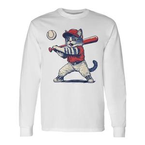 T-shirt a maniche lunghe con grafica Cat Baseball, unisex, taglia media per adulti - Product Image 1