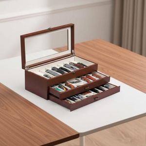 Boîte de présentation pour couteaux en bois, organisateur à 3 niveaux avec cuir PU et pochette supérieure en acier inoxydable, rangement pour couteaux de collection, cadeau pour collectionneurs et elle - Product Image 5
