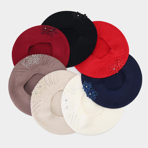 Béret tricoté pour femme avec strass floraux, chaud, coupe-vent, protection solaire, mode printemps-automne, polyester/coton, 50-52 cm, beige - Product Image 2