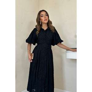 Elegante Vestido Negro de Gasa con Mangas Abullonadas, Silueta en A, Cuello en V y Capa Transparente para Fiesta de Gala - Product Image 3