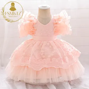 dress for baby girl for new born Floral Embroidered Mesh Ruffled Sleeves Puffy Kids Dress Infant Girls' Dress