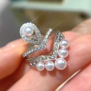 3-5mm Perfect Round Freshwater Pearl Crown <b>Ring</b>, Strong Pink Blue Overtones, <b>925</b> Sterling <b>Silver</b> Paved Diamond Statement <b>Ring</b> - Product Image 3