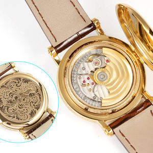 Montre d'hommage élégante pour homme, artisanat haut de gamme, lunette plaquée or 18 carats, bracelet en cuir véritable, automatique de haute qualité - Product Image 3