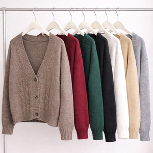 <span class=keywords><strong>Cardigan</strong></span> en tricot élégant et personnalisé pour <span class=keywords><strong>femme</strong></span>, couleur unie, col en V, boutonné, manches longues, doux et ample, style pull-manteau - Product Image 1