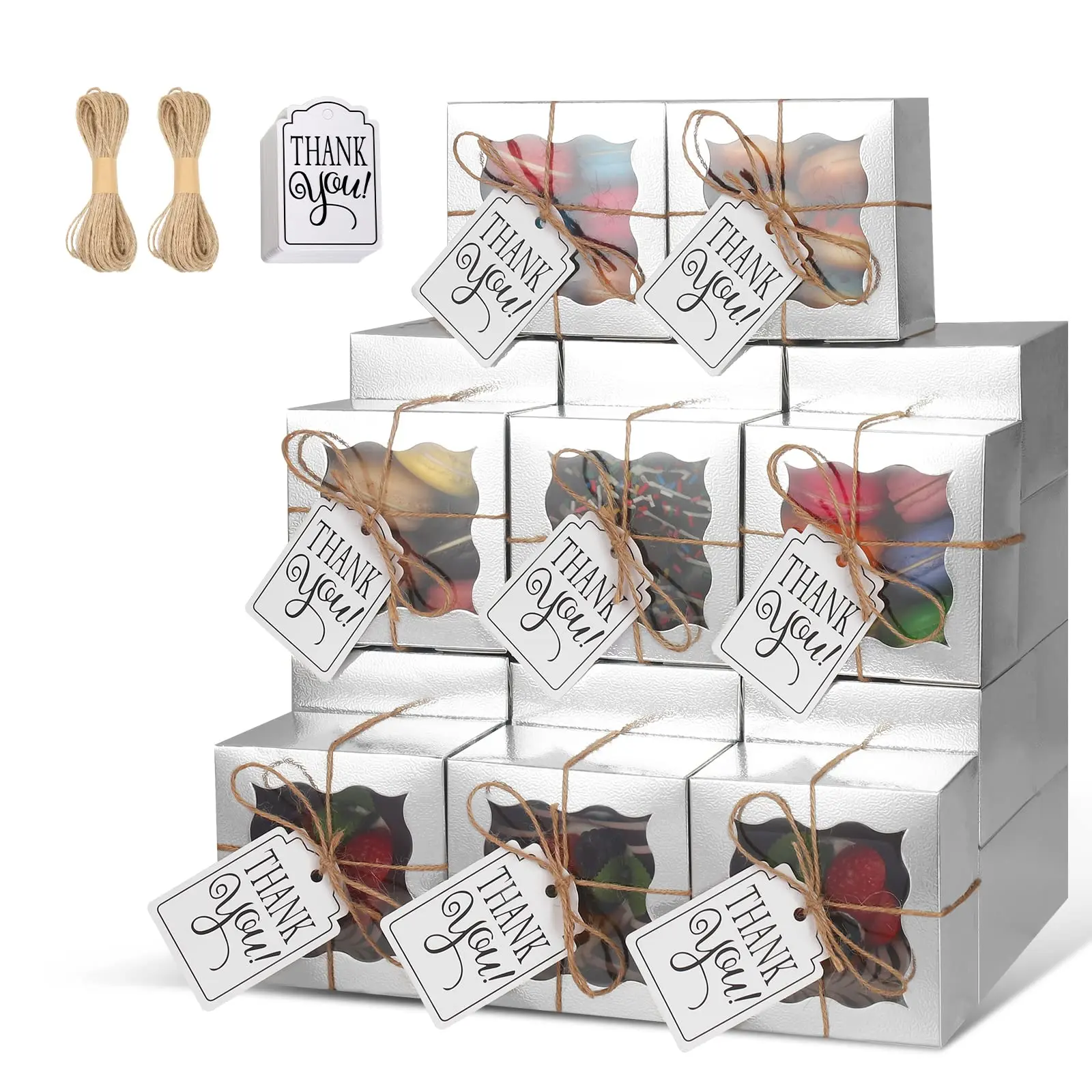RUIYELE 20 Buah Kotak Kertas Roti Perak dengan Jendela Kotak Kertas Cupcake Individual untuk Kue Kering, Pai, Donat, Macaroon