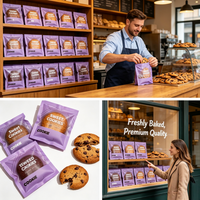 Sacs d'emballage pour biscuits avec fenêtre transparente et logo personnalisé, sacs en plastique violet de qualité alimentaire pour en-cas, biscuits, desserts, emballage de boulangerie