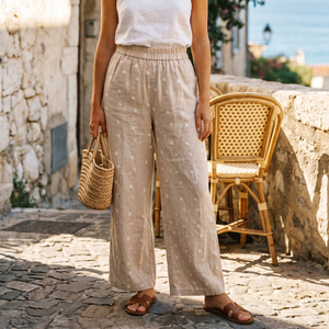 <span class=keywords><strong>Pantaloni</strong></span> da <span class=keywords><strong>Donna</strong></span> <span class=keywords><strong>Beige</strong></span> a Pois in Lana a Gamba Larga Media, Vita Elastica, Tasche, Vestibilità Ampia, Casual, per Uso Quotidiano, Etichette Personalizzate OEM, Vendita all'Ingrosso - Product Image 2