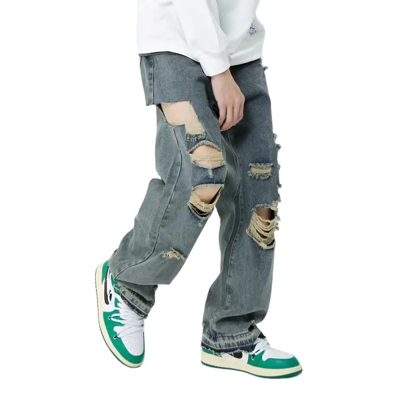 Summer New Korean Fashion Men's Pants Casual Capri Brand Pants Broken Hole Jeans Men's Loose Straight Sleeve