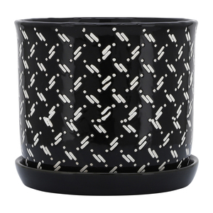 Vasi moderni in ceramica per piante con motivo a pois bianchi, set di due vasi neri per interni ed esterni con sottovasi. - Product Image 3