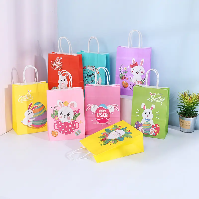 Joyeux pâques sacs cadeaux en papier avec poignée lapin lapin biscuits bonbons sacs d'emballage 2022 pâques décorations fournitures de fête XJ0672