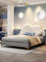 Tête de lit de luxe en cuir Cloud Design avec cadre et dossier rembourrés en cuir, lit pour enfants avec coffre de rangement à vérin à gaz