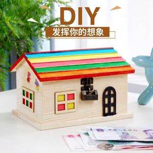 Wooden House Piggy Bank With Lock Small Size Desktop <b>Ornament</b> Gift Box For Children Money Storage - Product Image 4