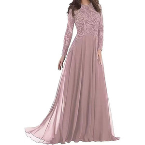 Long Sleeve Lace Bridesmaid Dress A-Line Chiffon O-Neck Evening Gown One Piece Natural Waist Simple Style - Product Image 1