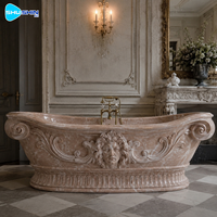 Baignoire en marbre blanc haut de gamme avec tête de lion et gravure en spirale, baignoire autoportante de luxe en pierre pour la décoration des salles de bain d'hôtel