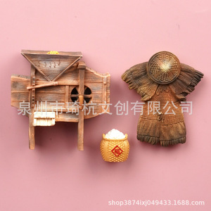Rustic Refrigerator Magnets Vintage Rice Threshing Cart And Raincoat Set Handmade Decorative Gift For Home <b>Kitchen</b> - Product Image 3