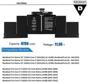 Batería de Larga Duración A1618 para Portátil Apple <span class=keywords><strong>MacBook</strong></span> <span class=keywords><strong>Pro</strong></span> 15\" Retina A1398 Mediados de <span class=keywords><strong>2015</strong></span> Versión EMC 2909 2910 11.36V 99.5Wh - Product Image 2