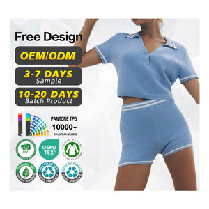 Conjunto de Suéter y Pantalones Cortos de Tenis Azul de Algodón y Lana para Mujer, con Logotipo de Diseño Personalizado, Certificación GRS - Product Image 1