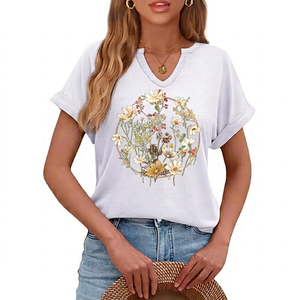 T-shirt décontracté en coton pour femmes, imprimé floral vintage, col en V, manches retroussées - Product Image 1