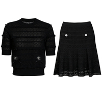 Vernalux 2026 Chic Ensemble Coordonné en Dentelle Tricotée Raffinée : Cardigan à Manches Courtes avec Faux Poches, Boutons en Cristal et Jupe Évasée Taille Haute avec Nœud en Satin