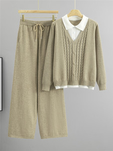 Conjunto de Suéter Tejido para Mujer, Cárdigan Holgado y Cómodo con Cuello en V, Pantalones Anchos de Pierna, Conjunto de Dos Piezas, Otoño Invierno 2026 - Product Image 6
