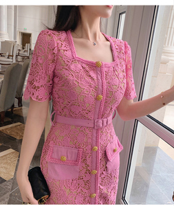 A7866 elegante estate donna <span class=keywords><strong>Midi</strong></span> abito rosa floreale traforato stile stile moda coreano - Product Image 5