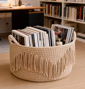 Cestas de Ropa Decorativas y Elegantes con Borlas Blancas, Cestas de Lavandería Redondas Extra Grandes de Cuerda de Algodón para Sala de Estar, Precio al por Mayor - Product Image 1