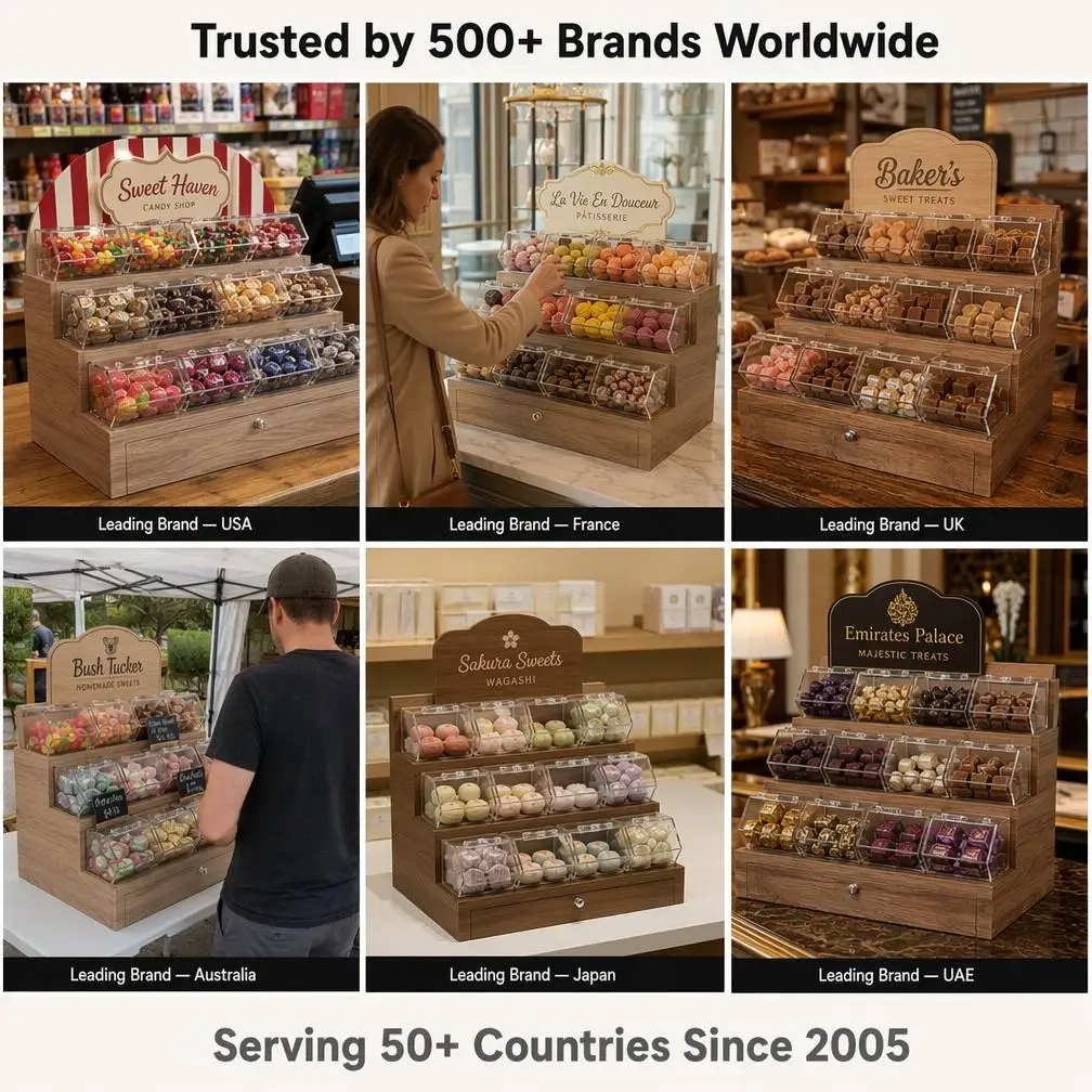 Wooden 3-Tier Candy Display Stand 12 Acrylic Hinged Bins Rustic Countertop Confectionery Organizer for Bakery Candy Shop — view 6