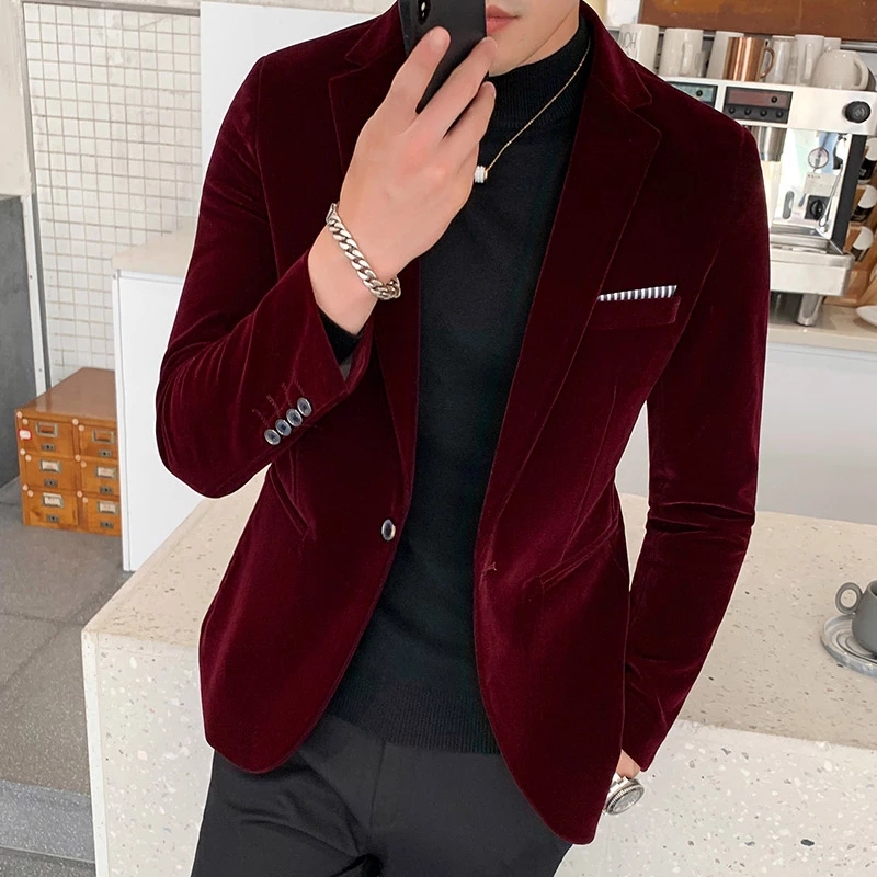 Blazer de veludo M-5XL para homens, fantasia de cantor de noivo e casal slim, blazer de veludo borgonha fashion casual para casamento