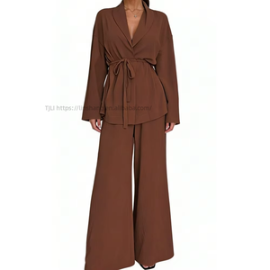 V-Neck Women's Blouse With Elegant Long Sleeves and <b>Tie</b> Detail, Paired With Stylish Wide-Leg Pants - 2-Piece <b>Set</b> Fashion - Product Image 2