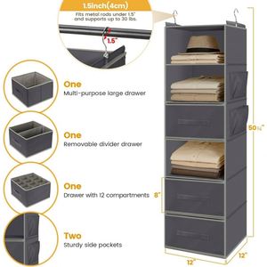 6-Tier Hanging Closet Organizer Non-Woven with 3 Drawers & Side Pockets Foldable Hanging Shelf for Wardrobe Bedroom Storage - Product Image 3