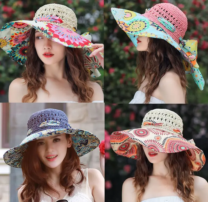Y207114 Fashion Hook Printing Travel Hats Sun Sunshade Bowknot Straw Summer Wide Brim Beach Hats Women Floral