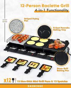 Grill de table <span class=keywords><strong>Raclette</strong></span>, grill électrique d'intérieur, plaque chauffante antiadhésive 4 en 1 avec ensemble de fondue, <span class=keywords><strong>12</strong></span> spatules, <span class=keywords><strong>12</strong></span> spatules pour <span class=keywords><strong>12</strong></span> personnes - Product Image 2